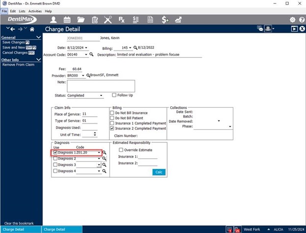 adding a diagnosis code to a single charge in DentiMax